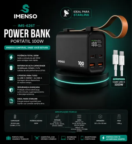 Bateria Portátil Power Bank Original 30000mah starlink 100w