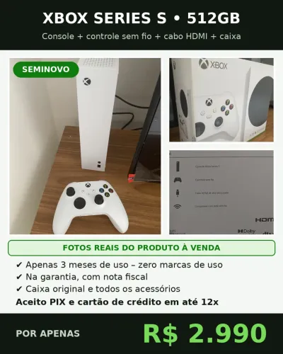 Xbox Series S 512GB - Seminovo, 3 meses de uso, na garantia com NF
