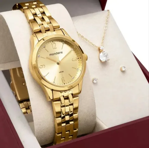 Kit Relógio Mondaine Feminino Dourado + Colar com Cristal