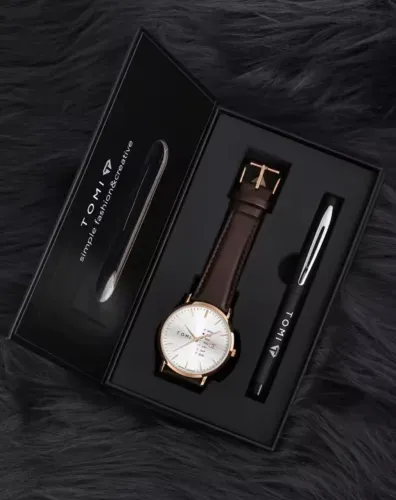 Kit Conjunto Relógio TOMI White Rose Gold Pulseira Couro Castanho com Caneta Executiva