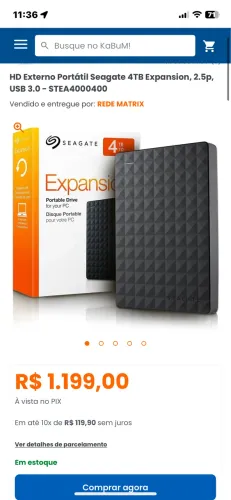 HD 4TB Externo Seagate USB 3.0 Portátil Expansion Preto