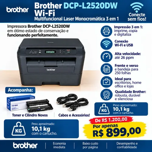 Impressora Brother Wi-fi 3X1 DCP-l2520dw - Ótimo Estado - Toner e Cilindro Novos