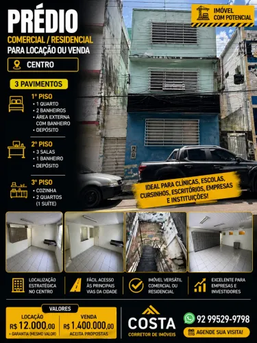PRÉDIO COMERCIAL NO CENTRO 3 PAVIMENTOS - LOCAÇÃO OU VENDA
