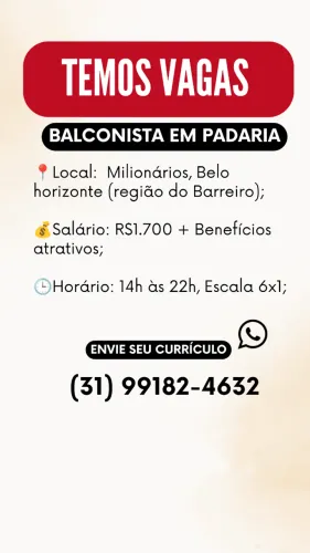 Balconista em Padaria, Contratação Imediata