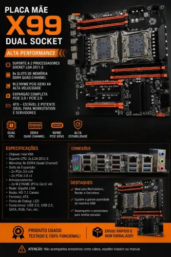 Placa Mãe X99 Dual CPU LGA 2011-3 8x DDR4 M.2 NVMe - Nova