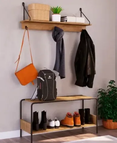  Conjunto prateleira + sapateira banco Vermont e preto