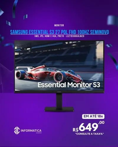 MONITOR SAMSUNG ESSENTIAL S3 27 POL FHD 100HZ SEMINOVO