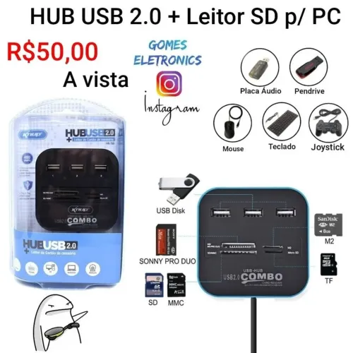 Hub Usb 2.0 com 3portas + leitor de Cartão Memória Sd Total 7 portas (Loja Fisica)<br>