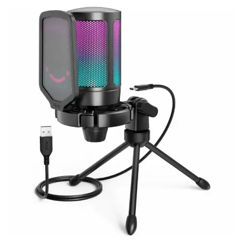 Microfone de Mesa Fifine A6V Ampligame, com Suporte, Condensador, RGB, USB, Preto - A6V