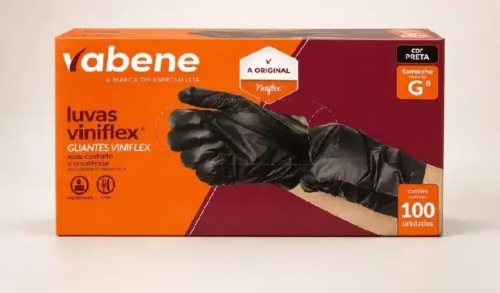 Luvas de vinil sem pó viniflex preta. Caixa com 100 luvas. 