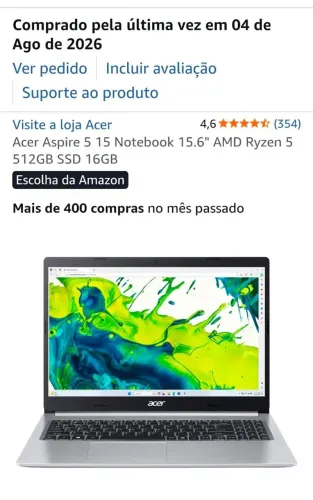 Notebook Acer Aspire 5. 15.6" AMD Ryzen 5.  512GB. SSD. 16GB