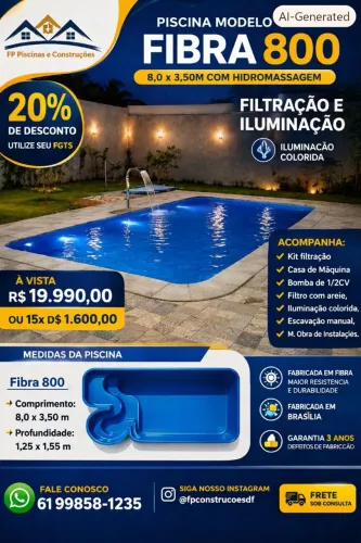 Piscina 8,0m hidro com Iluminação e filtração. Garantia 5 anos.