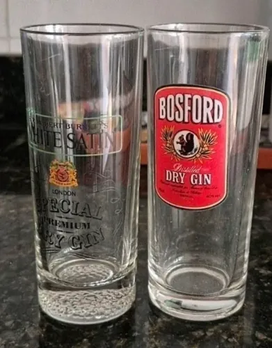 Par de copos de GIN vintage de publicidade de gin, White Satin e Bosford