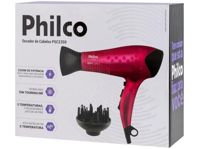 Secador de Cabelo Philco Íons Tourmaline Cherry 2200W 2 Velocidades PSC2350