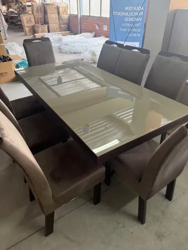 JOGO DE MESA PREMIUM 06 CADEIRA PARIS, TAMPO DE VIDRO SERIGRADO EM 100% MDF