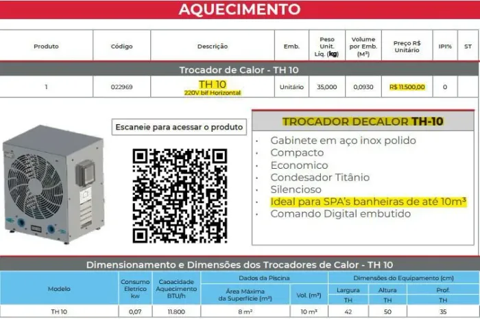 Bomba de calor, aquece até 10.000 litros, indicado para SPA 