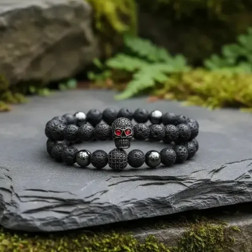Pulseira Masculina Caveira Premium Pedra Vulcânica Ajustável