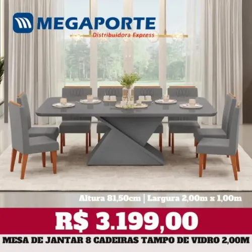 Mesa de Jantar 8 Cadeiras Tampo de Vidro 2,00m (Novo) Entrega Grátis!