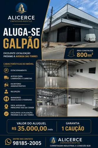 ALUGA-SE GALPÃO NOVO 800m² | PARQUE DAS LARANJEIRAS / PRÓXIMO À AV. TORRES