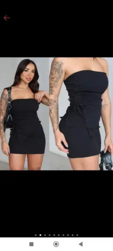 Conjunto blusa tomara que caia franzida e mini saia preta Tam único veste p/m