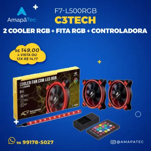 kit 2 Cooler Fan C3 Tech Led Rgb F7-L500RGB + Controladora