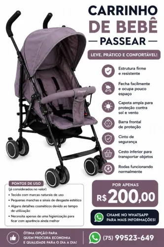 Carrinho de bebê passear usado. Leve, prático e confortável