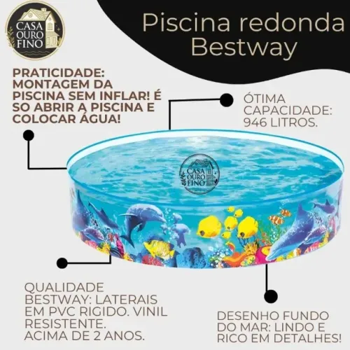 Piscina Redonda Infantil Semirigida 946 Litros Pre Moldada Sem inflar Peixinhos Fundo do M