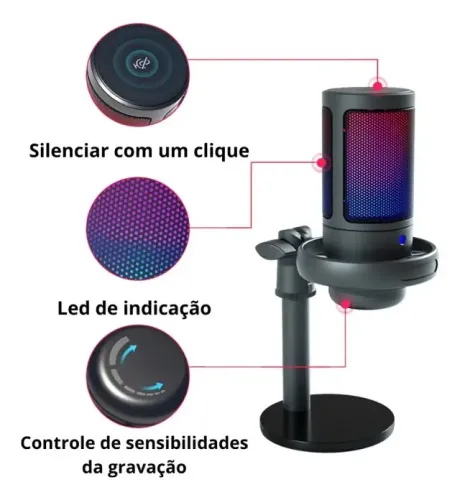 Microfone Condensador USB Cardioide RGB para Gravação e Jogos Preto