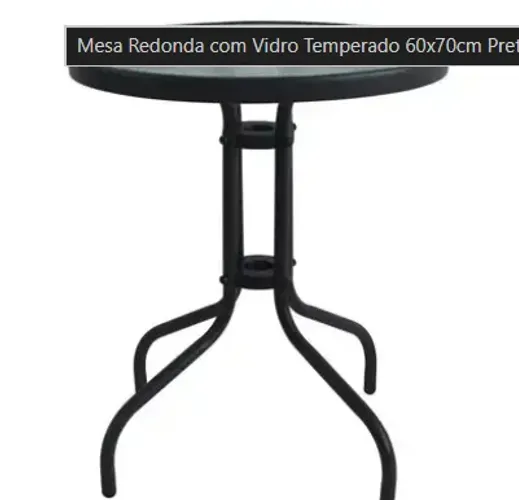 Mesa Redonda com Vidro Temperado 60x70cm Preto Jardim Sacada Varanda - Home Collection