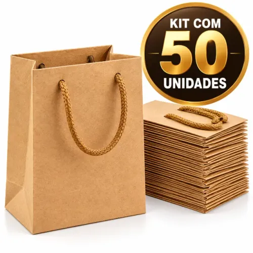 Kit 50 Sacolas Presente Pequena Kraft Com Alça 11x8x5cm Joias Lembrancinha