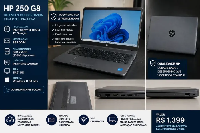 Notebook HP 250 G8 | i3 11ª Geração | 8GB RAM | SSD 256GB | Impecável