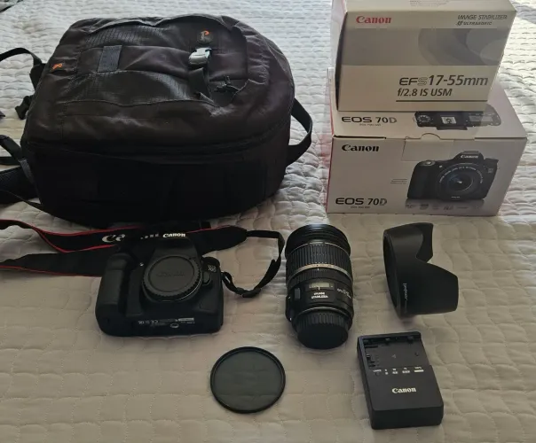 Câmera Canon 70D + lente Ultrasonic 17-55 f2.8 + Mochila Lowepro Pro Runner 200AW