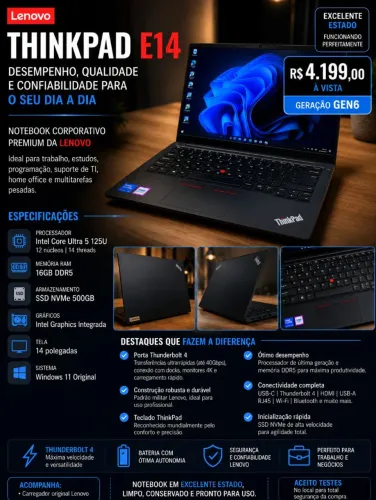 Notebook Lenovo ThinkPad E14 Core Ultra 5 16GB DDR5 500GB| GEN 6