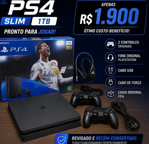 PS4 Slim 1TB + 2 Controles Originais + Caixa + Fone original PlayStation | Recém Revisado