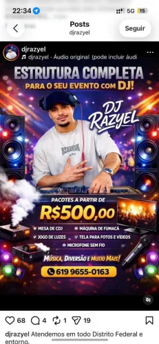 Serviço de DJ com som e iluminação completa.