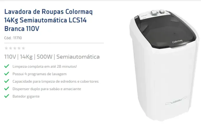Lavadora de Roupas Colormaq 14Kg Semiautomática LCS14 Branca 110V