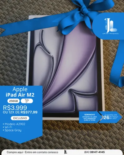 IPAD AIR M2, 256GB, TELA 11?, SEMINOVO NA GARANTIA, EXCLUSIVO!