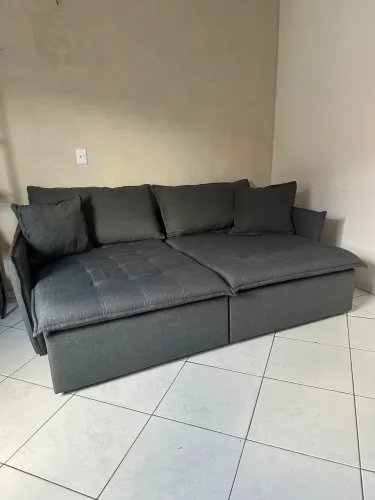 Sofá retrátil 4 lugares linho cinza