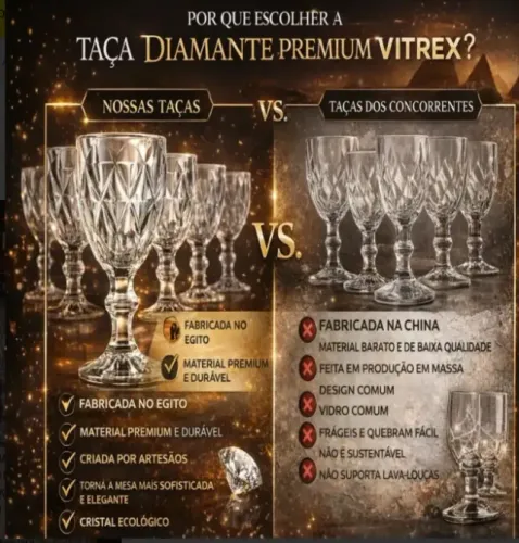Jogo 6 Taças de Cristal 340ml Diamond Transparente Lapidado Vitrex