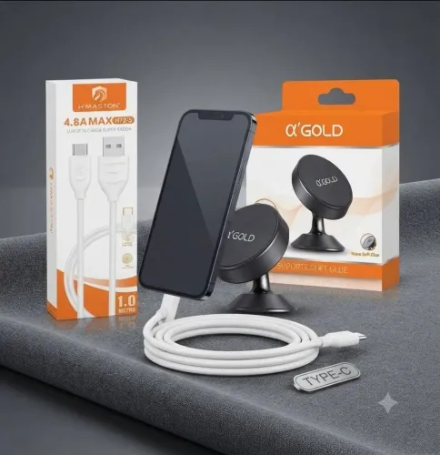 Kit Suporte Magnético Veicular + Cabo Turbo Tipo-C 1m H'Maston e ?'Gold - Rápido