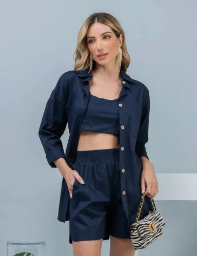 Conjunto 3 peças: cropped top + short + blusa azul marinho feminino manga longa
