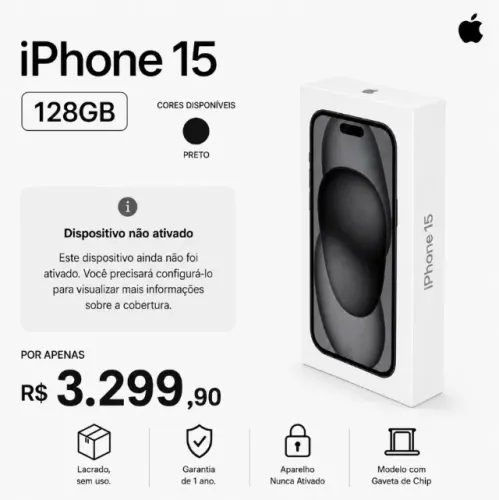 Apple iPhone 15 6,1" 128GB 5G Preto Novo Lacrado 1 Ano Garantia