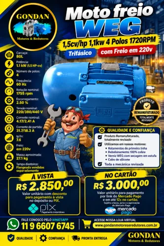 Motor Freio WEG 1.5 cv/hp 1.1kw 4polos 1720rpm trifásico 220v / 380v com freio em 220v