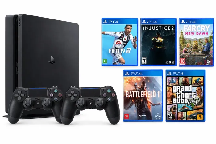 PlayStation 4 Slim 500GB - 2 Controles - 5 Jogos