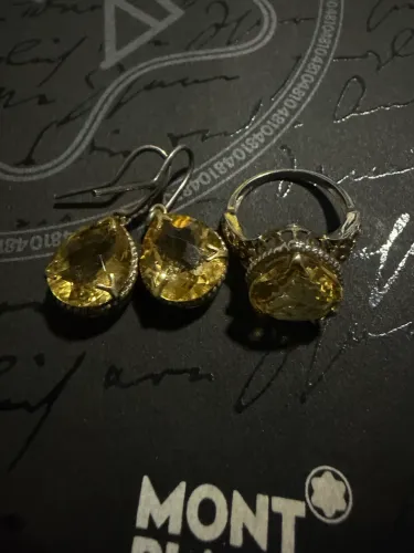 Conjunto anel e brinco em prata 925 com pedra citrino