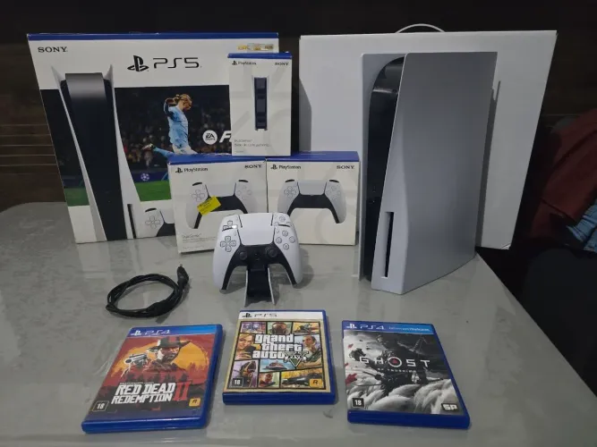 PS5 ( PLAYSTATION 5 ) + 30 JOGOS + 2 CONTROLES + BASE CARREGADOR + TODOS OS CABOS
