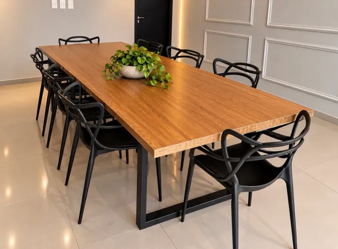 Mesa 2,70m + 8 Cadeiras Pretas | Conjunto Completo