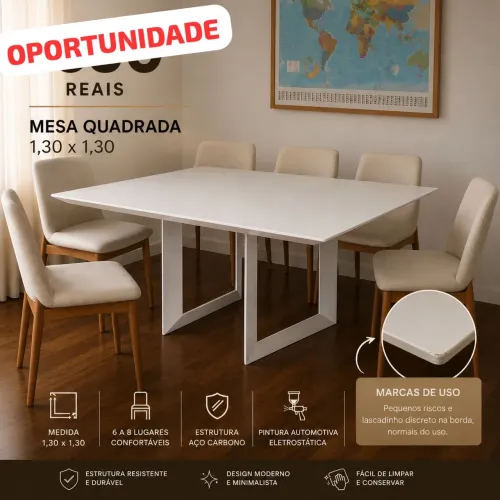 Mesa Quadrada 1,30x1,30 Branca em Aço Carbono