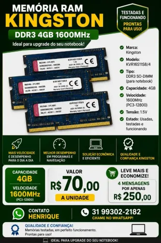 Memória RAM Kingston DDR3 4GB 1600MHz para Notebook 