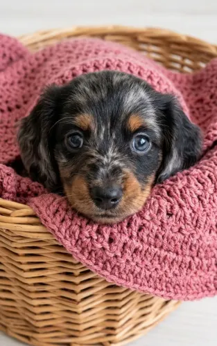 Dachshund Teckel Basset pelo longo arlequim 